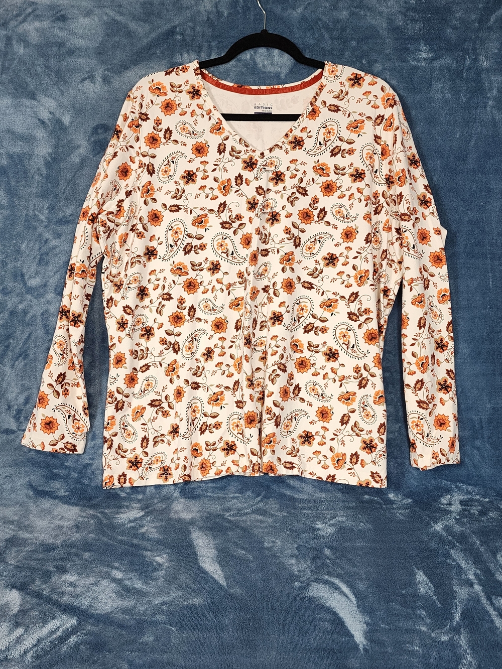 Basic Editions Woman Floral V-Neck Top - Rust Orange & Brown
